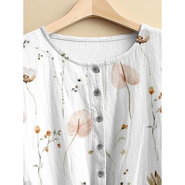 Women Floral Plant Print Crew Neck Half Button Blouse Women Floral Plant Print Crew Neck Half Button Blouse