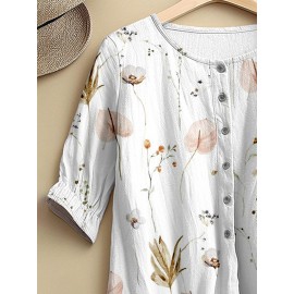 Women Floral Plant Print Crew Neck Half Button Blouse Women Floral Plant Print Crew Neck Half Button Blouse
