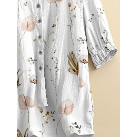 Women Floral Plant Print Crew Neck Half Button Blouse Women Floral Plant Print Crew Neck Half Button Blouse