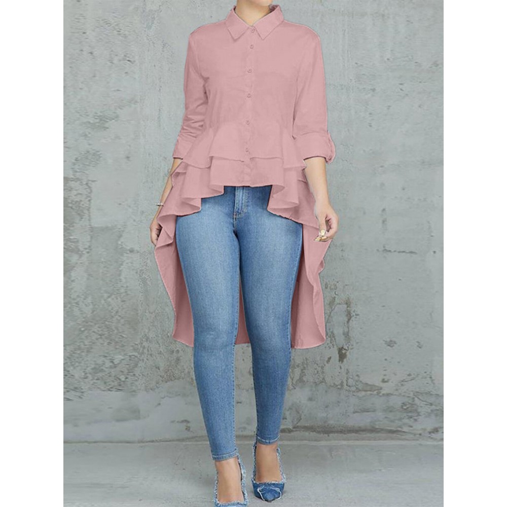 Women Solid Lapel Layered Irregular Hem Long Sleeve Shirt Women Solid Lapel Layered Irregular Hem Long Sleeve Shirt