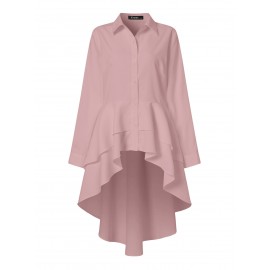 Women Solid Lapel Layered Irregular Hem Long Sleeve Shirt Women Solid Lapel Layered Irregular Hem Long Sleeve Shirt