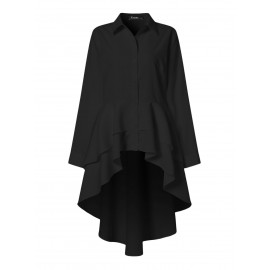 Women Solid Lapel Layered Irregular Hem Long Sleeve Shirt Women Solid Lapel Layered Irregular Hem Long Sleeve Shirt