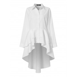 Women Solid Lapel Layered Irregular Hem Long Sleeve Shirt Women Solid Lapel Layered Irregular Hem Long Sleeve Shirt
