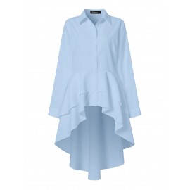 Women Solid Lapel Layered Irregular Hem Long Sleeve Shirt Women Solid Lapel Layered Irregular Hem Long Sleeve Shirt