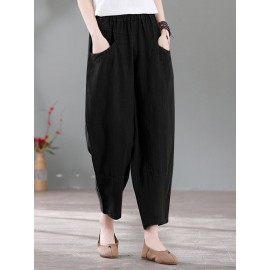 Solid Pocket Casual Cotton Pants