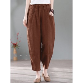 Solid Pocket Casual Cotton Pants