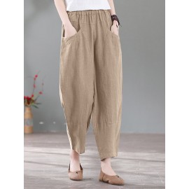 Solid Pocket Casual Cotton Pants