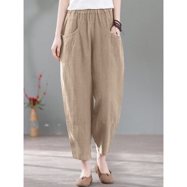 Solid Pocket Casual Cotton Pants