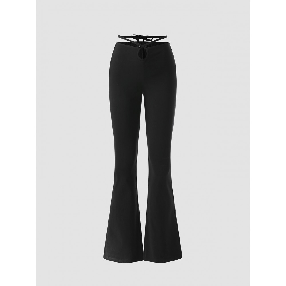 Solid Knotted Hollow-out Flared Pants