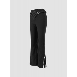 Solid Double Zip Hem Lace Up Zip Back Pants