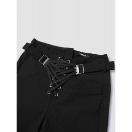 Solid Double Zip Hem Lace Up Zip Back Pants