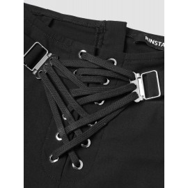 Solid Double Zip Hem Lace Up Zip Back Pants