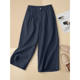 Women Solid Pleated Cotton Casual Pants With Pocket