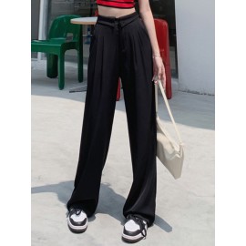 Solid Loose Pocket Casual Pants For Women