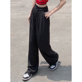 Solid Loose Pocket Casual Pants For Women