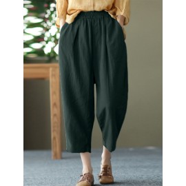 Women Solid Pocket Elastic Waist Casual Harem Pants