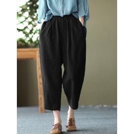 Women Solid Pocket Elastic Waist Casual Harem Pants