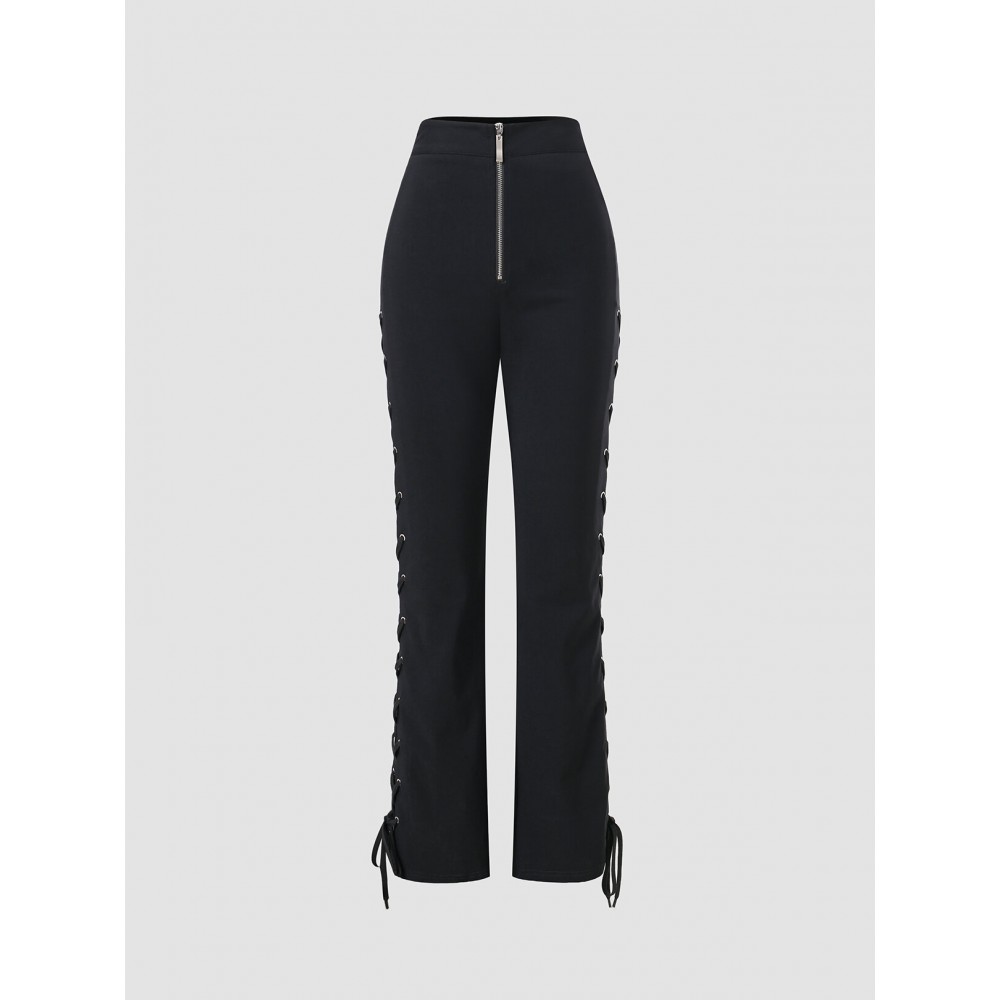 Solid Two Sides Lace Up Hollow Zip Front Pants Solid Two Sides Lace Up Hollow Zip Front Pants