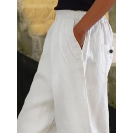 Women Solid Side Split Button Cuff Cotton Cropped Pants