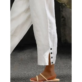 Women Solid Side Split Button Cuff Cotton Cropped Pants