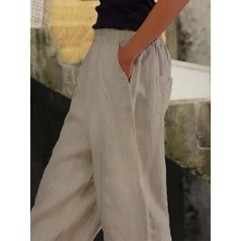 Women Solid Side Split Button Cuff Cotton Cropped Pants