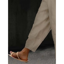 Women Solid Side Split Button Cuff Cotton Cropped Pants