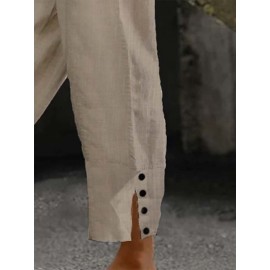 Women Solid Side Split Button Cuff Cotton Cropped Pants