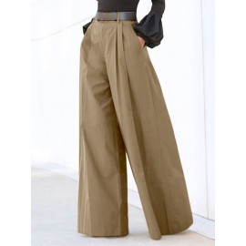 Women Solid Pleated High Waist Casual Wide Leg Pants