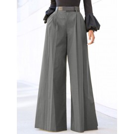 Women Solid Pleated High Waist Casual Wide Leg Pants