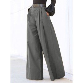 Women Solid Pleated High Waist Casual Wide Leg Pants