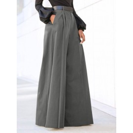 Women Solid Pleated High Waist Casual Wide Leg Pants