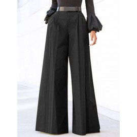 Women Solid Pleated High Waist Casual Wide Leg Pants