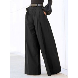 Women Solid Pleated High Waist Casual Wide Leg Pants