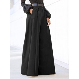 Women Solid Pleated High Waist Casual Wide Leg Pants