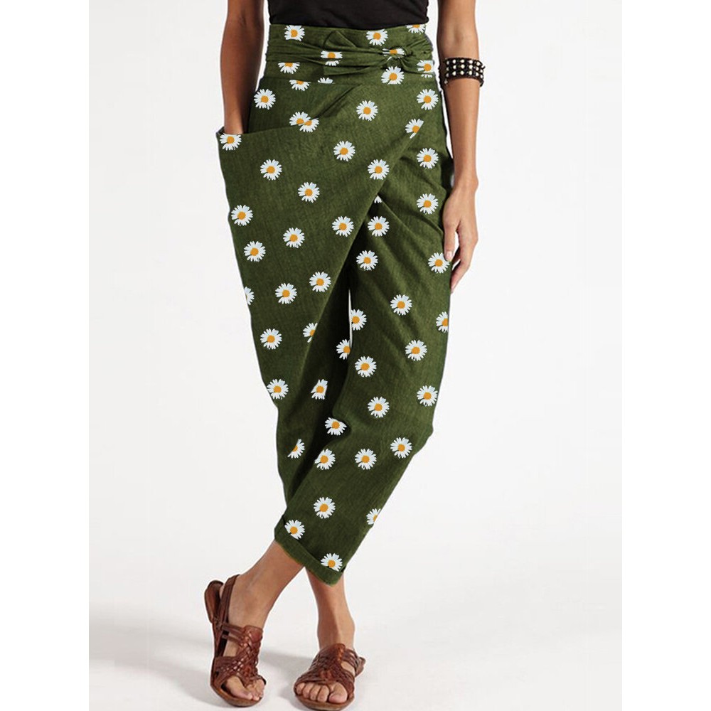 Daisy Floral Print Belt Harem Pants With Pocket Daisy Floral Print Belt Harem Pants With Pocket