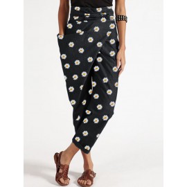 Daisy Floral Print Belt Harem Pants With Pocket Daisy Floral Print Belt Harem Pants With Pocket