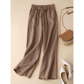 Women Solid Drawstring Waist Cotton Casual Straight Pants