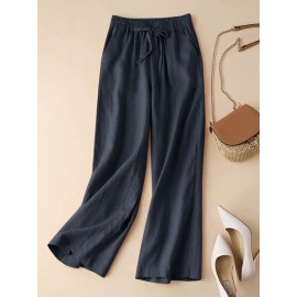 Women Solid Drawstring Waist Cotton Casual Straight Pants