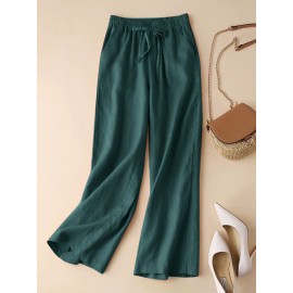 Women Solid Drawstring Waist Cotton Casual Straight Pants