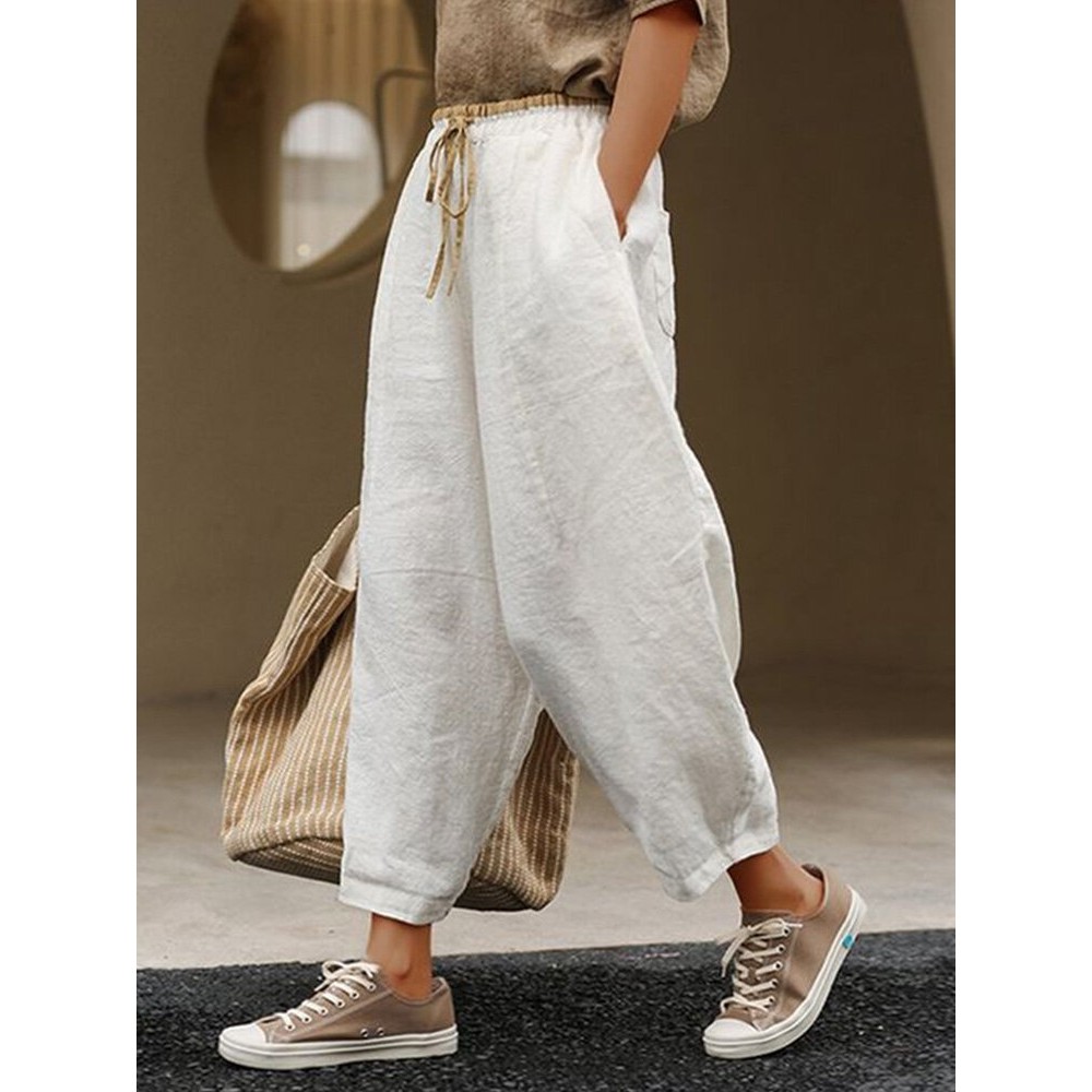 Women Plain Texture Contrast Drawstring Waist Cotton Pants Women Plain Texture Contrast Drawstring Waist Cotton Pants