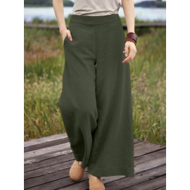 Women Solid Color Cotton Casual Wide Leg Pants