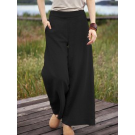 Women Solid Color Cotton Casual Wide Leg Pants