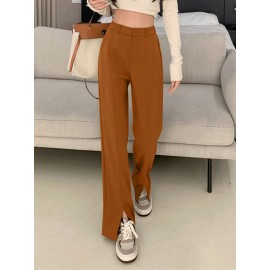 Solid High Waist Pocket Double Slit Hem Tailored Pants Solid High Waist Pocket Double Slit Hem Tailored Pants