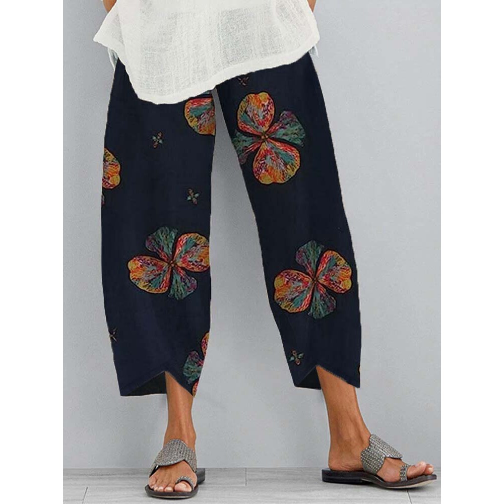 Women Colorful Floral Print Irregular Cuff Cropped Pants Women Colorful Floral Print Irregular Cuff Cropped Pants