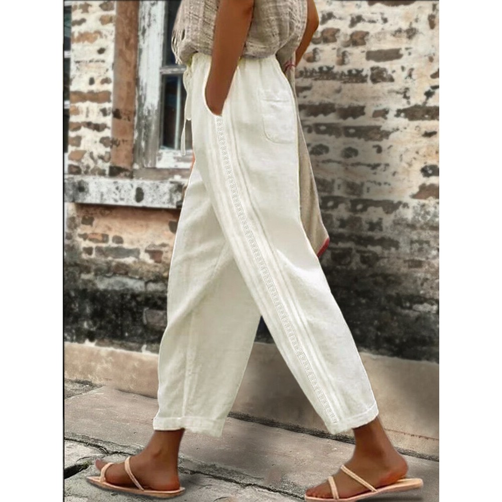 Women Side Lace Splice Cotton Casual Cropped Pants Women Side Lace Splice Cotton Casual Cropped Pants
