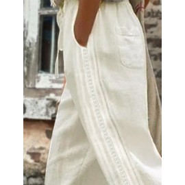 Women Side Lace Splice Cotton Casual Cropped Pants Women Side Lace Splice Cotton Casual Cropped Pants