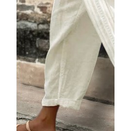 Women Side Lace Splice Cotton Casual Cropped Pants Women Side Lace Splice Cotton Casual Cropped Pants