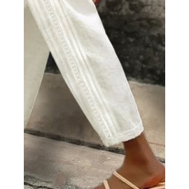 Women Side Lace Splice Cotton Casual Cropped Pants Women Side Lace Splice Cotton Casual Cropped Pants