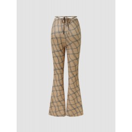Check Print Tie Waist Hollow Bootcut Leg Pants Check Print Tie Waist Hollow Bootcut Leg Pants
