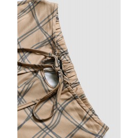 Check Print Tie Waist Hollow Bootcut Leg Pants Check Print Tie Waist Hollow Bootcut Leg Pants